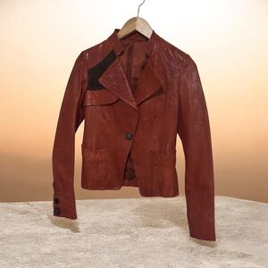 Chic Women's Size XXS Leather Jacket in Burnt Orange/BrownWith Double Stitching